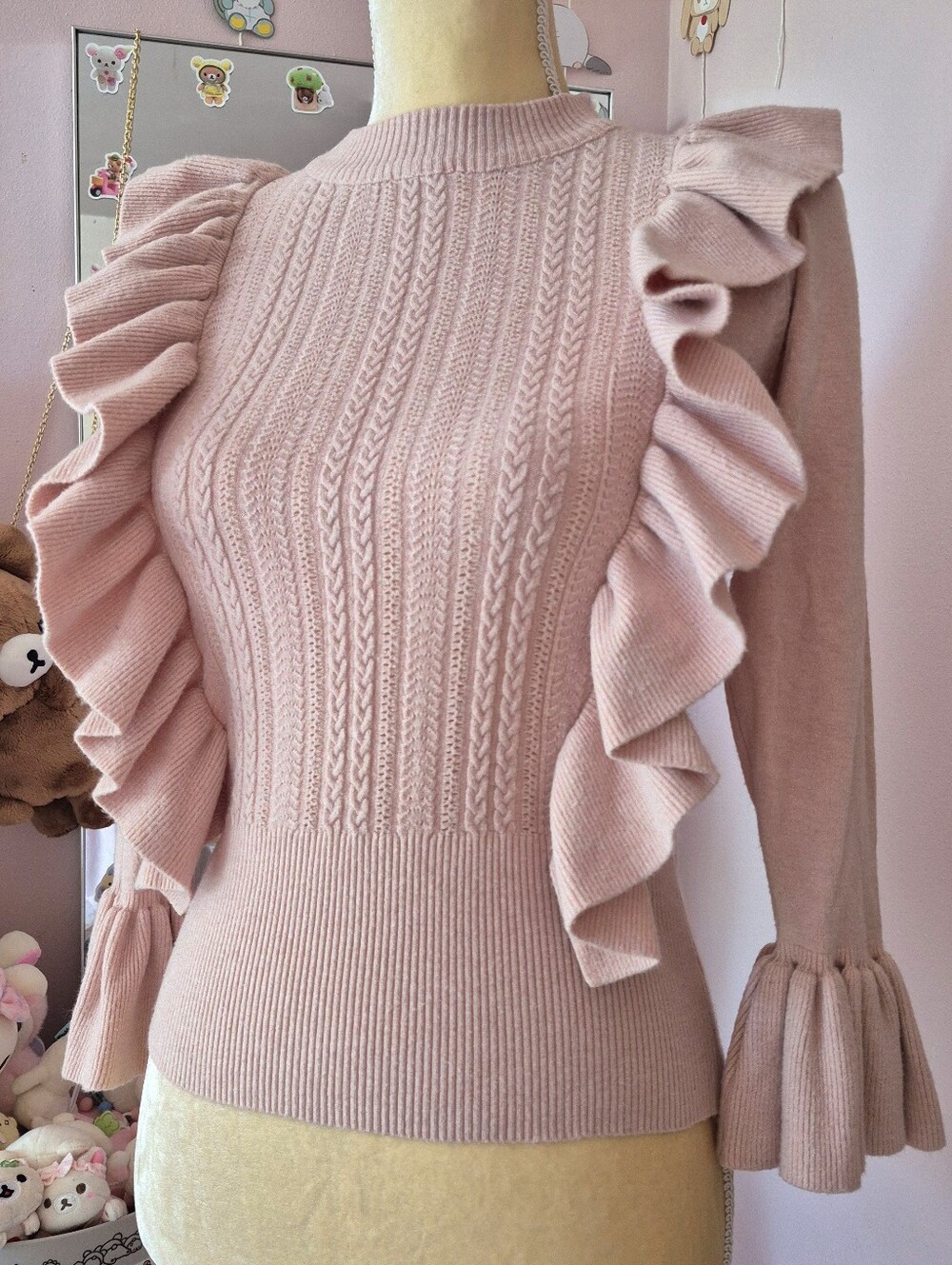 Chicwish Pink Ruffle Cable-Knit Crew Sweater
